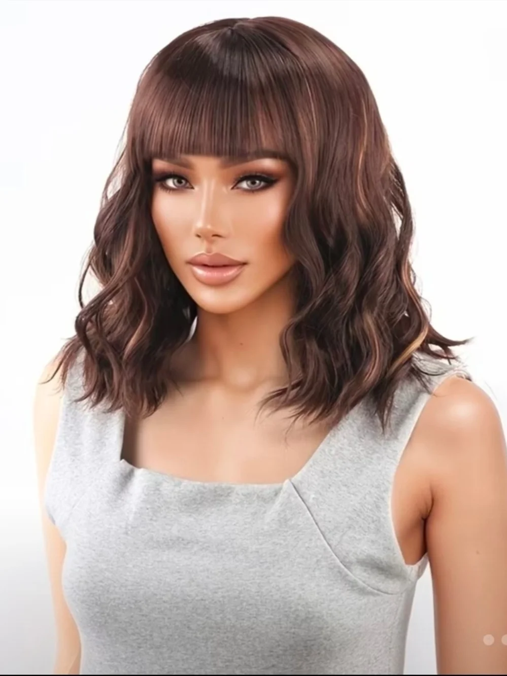 14 inch Highlight Brown Curly Synthetic Hair Wig with Bang